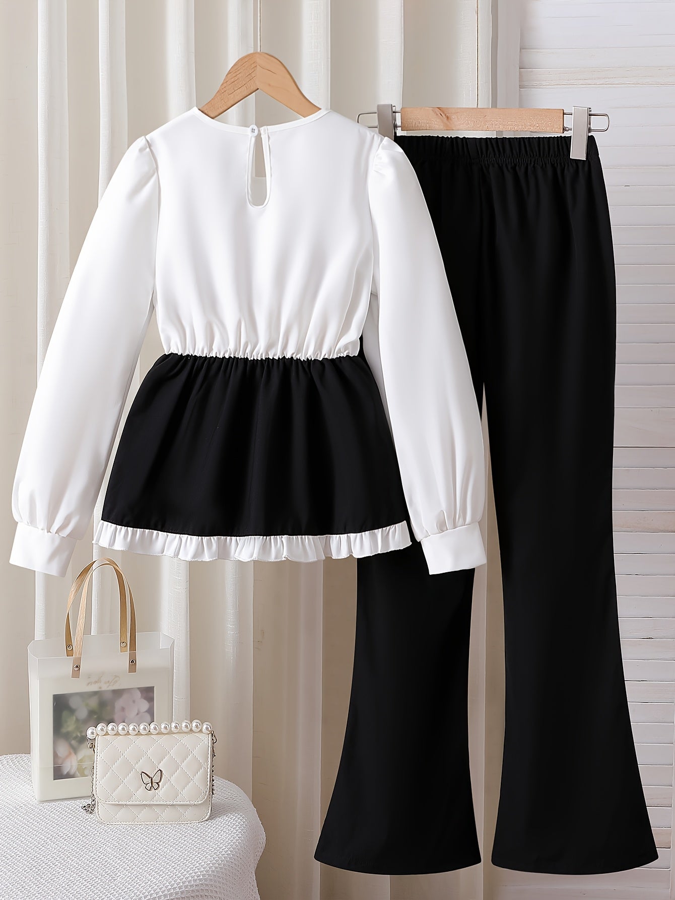 Girls' White Long-Sleeve Bow Shirt & Black Slim Flared Trousers