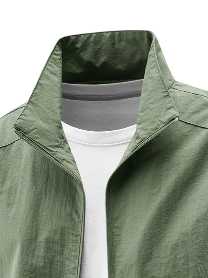 Men'S Olive Green Bomber Jacket with Stand Collar - Casual, Comfortable, Zip-Up Outerwear for Outdoor Activities, Casual Attire|Stand Collar Jacket|Zippered Jacket