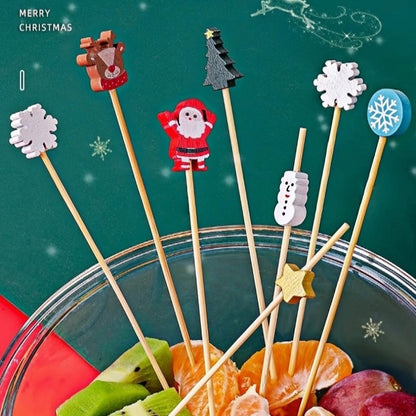 100pcs Festive Christmas Fruit Skewers with Santa, Reindeer, Snowflake & Tree Designs - Disposable Bamboo Picks for Parties, Desserts, Cocktails & Hamburgers, Christmas Dessert Decorations, Durable Fruit Skewers