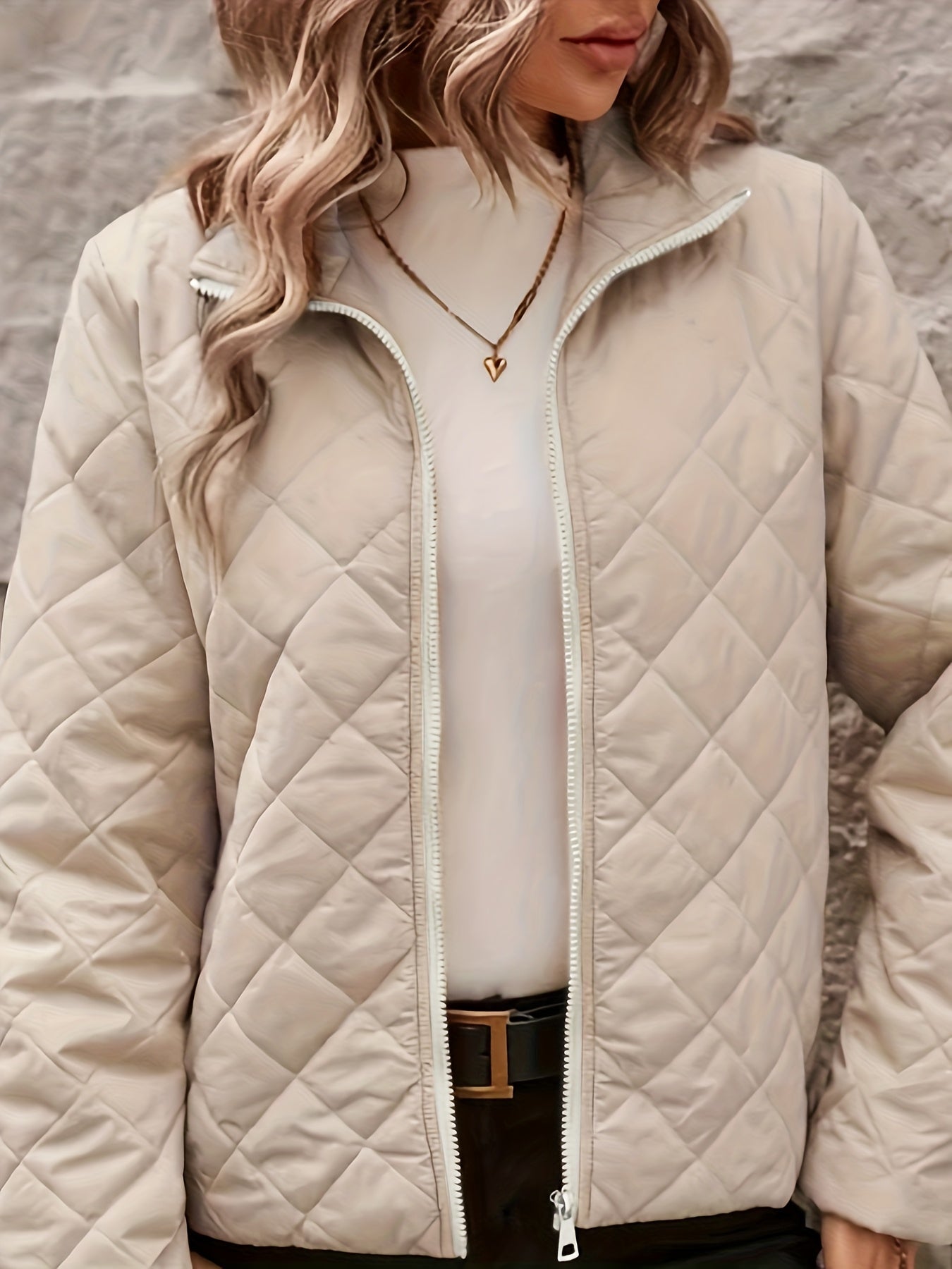Women'S Elegant Beige Jacket - Structured Fit Zip-Up Coat with Stand-Up Collar, Chic Outerwear for Fall/Winter, Office, Party, Everyday - Durable & Easy-Care Women'S Clothing, Ladies Jackets, Party Attire, Quilted Texture, Of