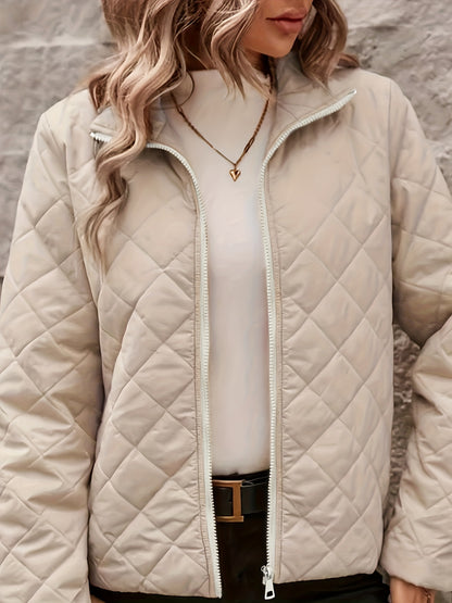 Women'S Elegant Beige Jacket - Structured Fit Zip-Up Coat with Stand-Up Collar, Chic Outerwear for Fall/Winter, Office, Party, Everyday - Durable & Easy-Care Women'S Clothing, Ladies Jackets, Party Attire, Quilted Texture, Of