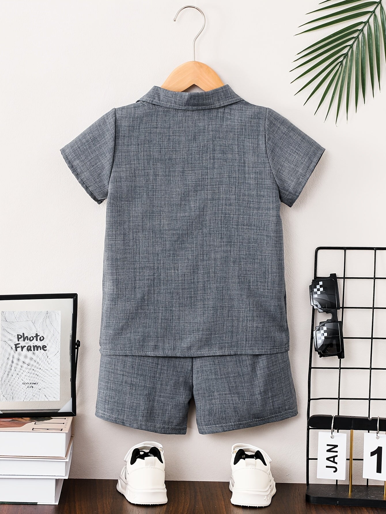 Boys' Summer Button-Up Shirt & Shorts Set - Casual Solid Color