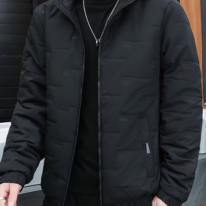 Men's Winter Windproof Thickened Warm College Style Zip-Up Hooded Jacket with Pockets, Casual and Sporty, Machine Washable - Solid Color Suitable for Hiking and Outdoor Activities