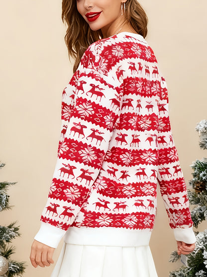 Christmas Red Reindeer and Snowflake Plush Long Sleeve T-Shirt | Rib, Round Neck, Fall/Winter Style