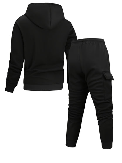 Men'S Casual Hooded Tracksuit Set - Polyester Knit, Solid Color with Pockets, All-Season Sportswear, Includes Jacket and Joggers, Casual Wear|Sporty Design|Polyester Fabric