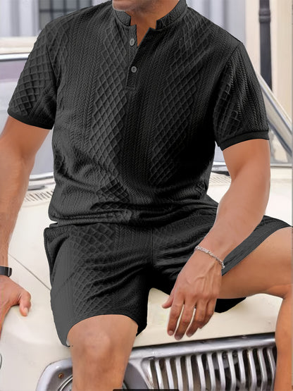 2pcs Set, Men's Casual Suit, Jacquard Fabric, Round Neck Short Sleeves with Buttons, Jacquard Shorts with Drawstring - ayq