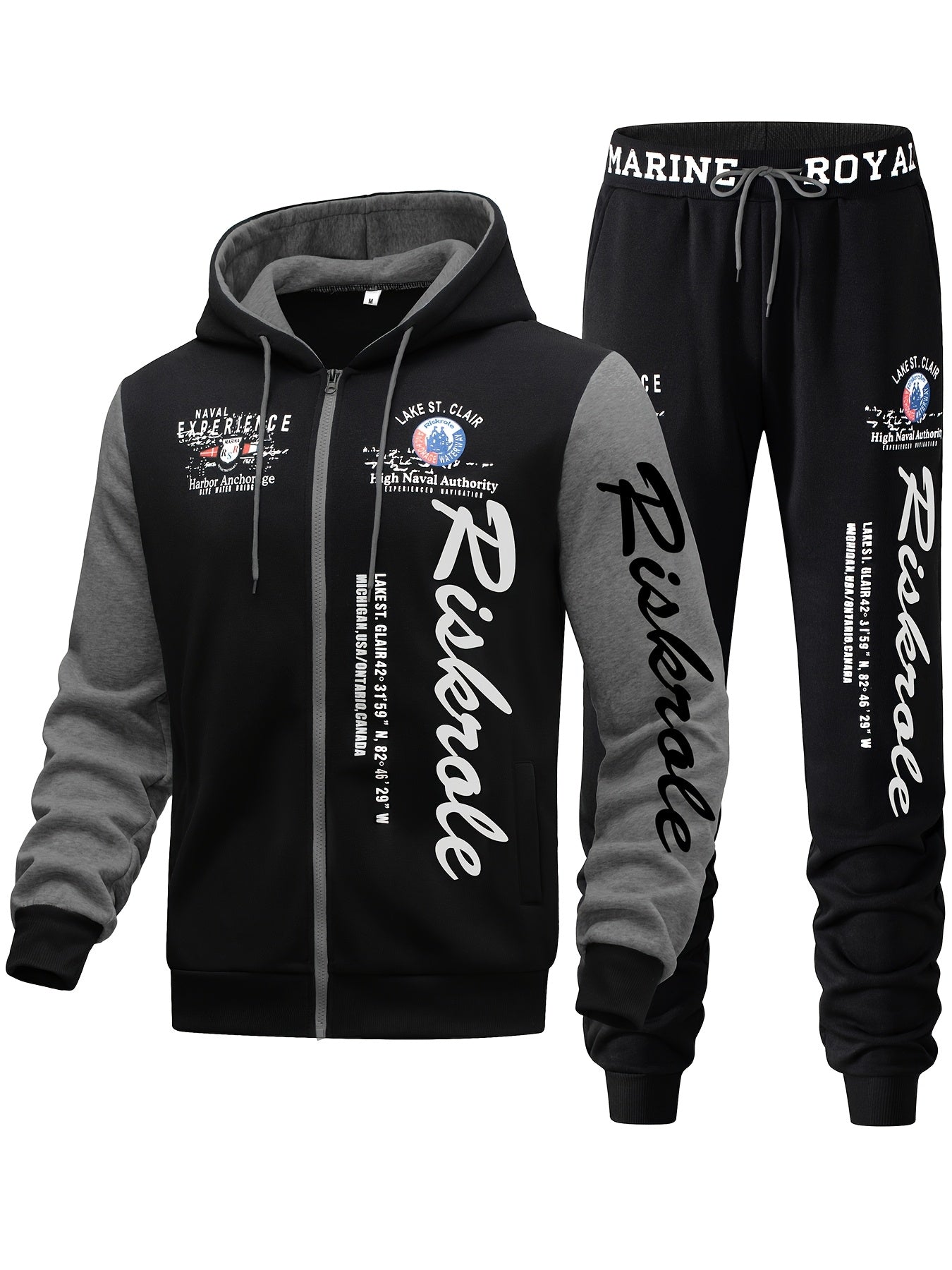 Men's Hooded Letter Print Tracksuit, 2pcs Casual Sports Set, Fashion Hoodie With Full-zip And Elastic-waist Pants, Regular Fit, Outdoor Cloth
