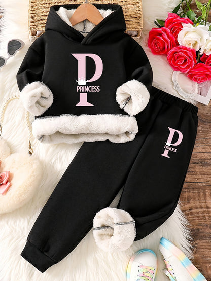 Autumn And Winter Style Fleece Tops, Fashionable Letter Pattern Prints, Warm Hoodies And Sweatpants Two-Piece Set, for Outdoor