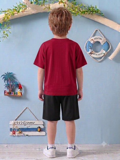 Boys' Casual Sports Set with Mountain Print, Polyester, Ages 7-12