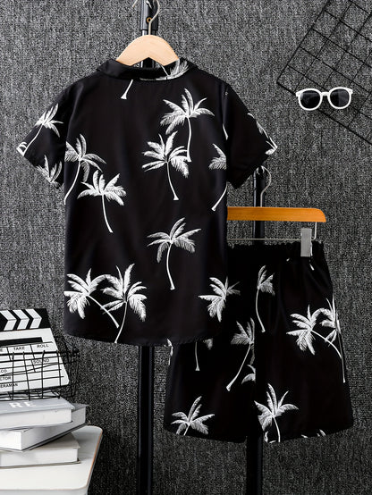 2pcs Boys Casual Coconut Tree Graphic Print Short Sleeve Lapel Shirt & Shorts Set, Comfy Summer Boys Clothing For Daily & Outdoor Wear