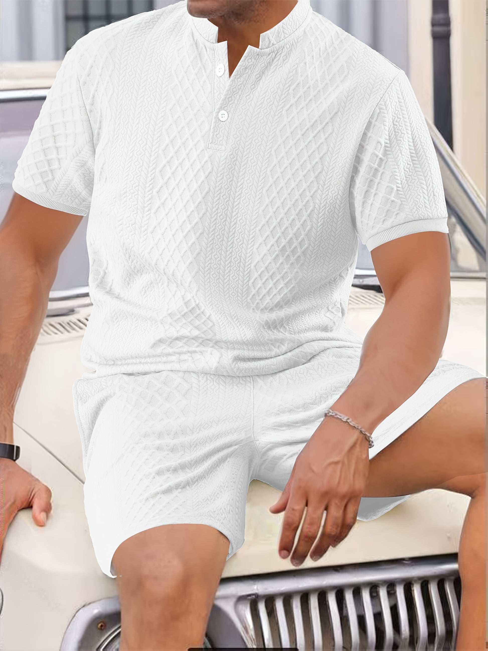2pcs Set, Men's Casual Suit, Jacquard Fabric, Round Neck Short Sleeves with Buttons, Jacquard Shorts with Drawstring - ayq