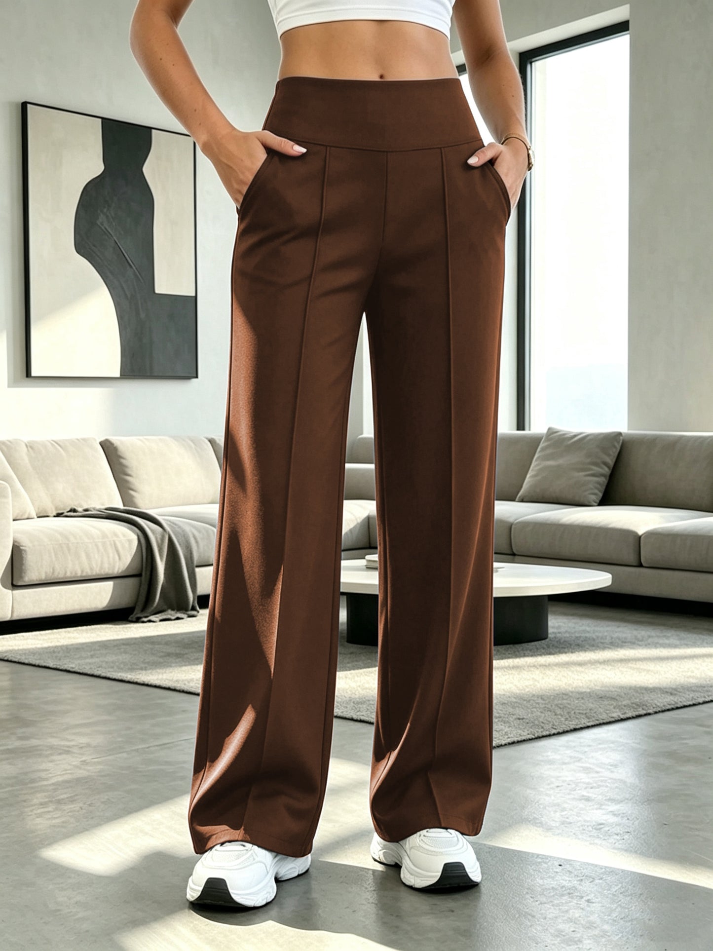 Women's High-Waist Tummy Control Wide-Leg Pants with Pockets