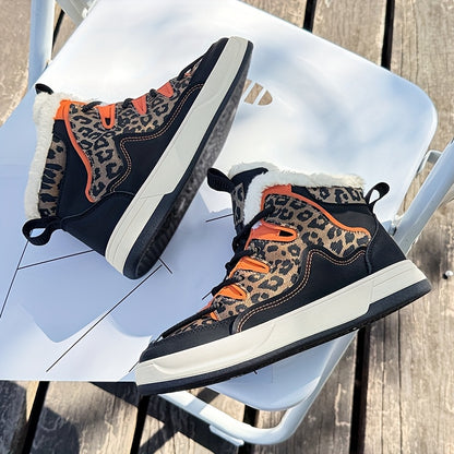 Women'S Stylish Leopard Print Winter Sneakers - Warm Fleece-Lined Casual Shoes with Thick PVC Sole, Black & Orange Design, Perfect for Fall/Winter Outdoor Activities, Winter Sneakers | Leopard Print Shoes | Durable PVC Sole