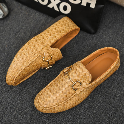 Men's Slip-On Loafers - Black  Tan Casual Shoes with Golden-Tone Metal Accents, Round Toe Comfort, All-Season Versatile for Office  Social Events, Casual Attire, Elegant Style, Premium Material, Modern Gentlemen