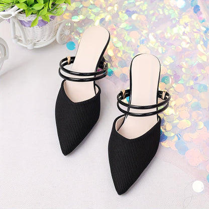 Women’s Elegant Black Pointed-Toe Mid Heel Sandals with Adjustable Str