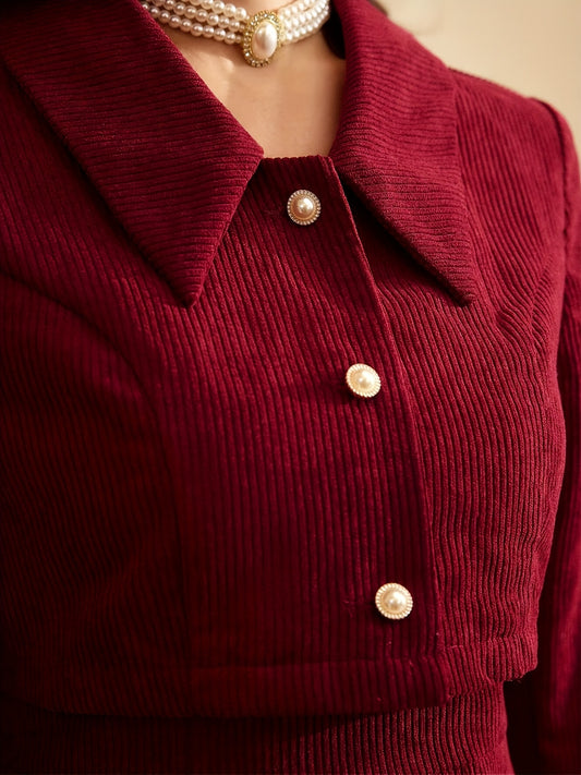 ZD0831627 Lingshan Elegant Corduroy Women'S Dress Suit, Vintage Burgundy Skirt, Commuter Party Jacket Set, Thanksgiving, Christmas Party Outfit, Bridesmaid, New Year'S Evening