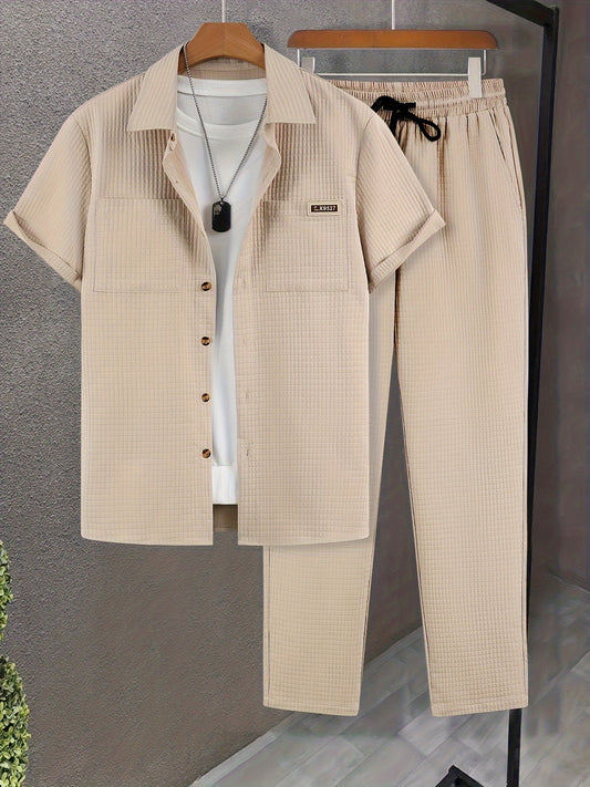 Summer Men'S Casual Bread Pattern Texture Short Sleeve Long Pants Shirt Set, 100% Polyester, Double Pocket Shirt, Turnover Woven Top Can Be Machine Washed and Dry Cleaned
