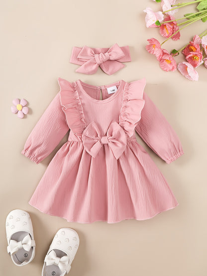 1-18 Months Girls' Red Dress | Christmas New Year Festival Party Wear with Headband, Princess Style, Autumn-Winter Collection, Crew Neck, Long Sleeve, Knee High, Flared Hem