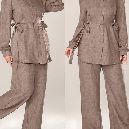 Stylish and Elegant Casual Two-Piece Women's Outfit with Side Tie Single-Breasted Shirt and Wide-Leg Pants for Office Wear