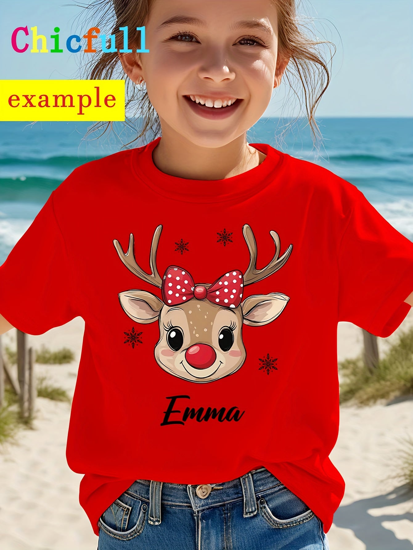 CHICFULL Girls' Personalized Name/Text Christmas Rudolph & Polka Bow T-Shirt - Red Smiling Reindeer Print with Golden Lettering, Soft Round Neck Casual Knit Top for Spring/Summer & Christmas, Machine Washable - Girls' Birthda