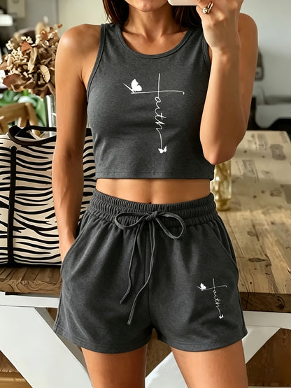 Women's Casual Two-Piece Set with Graphic Tee & Wide Leg Pants