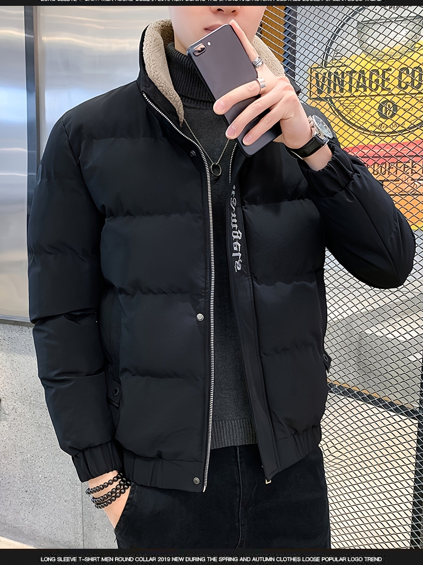 Men's Winter Jacket - Thick, Warm & Stylish with Zippered Cuffs and Pockets, Black, Casual Loose Fit for Cold Weather, Winter Clothes