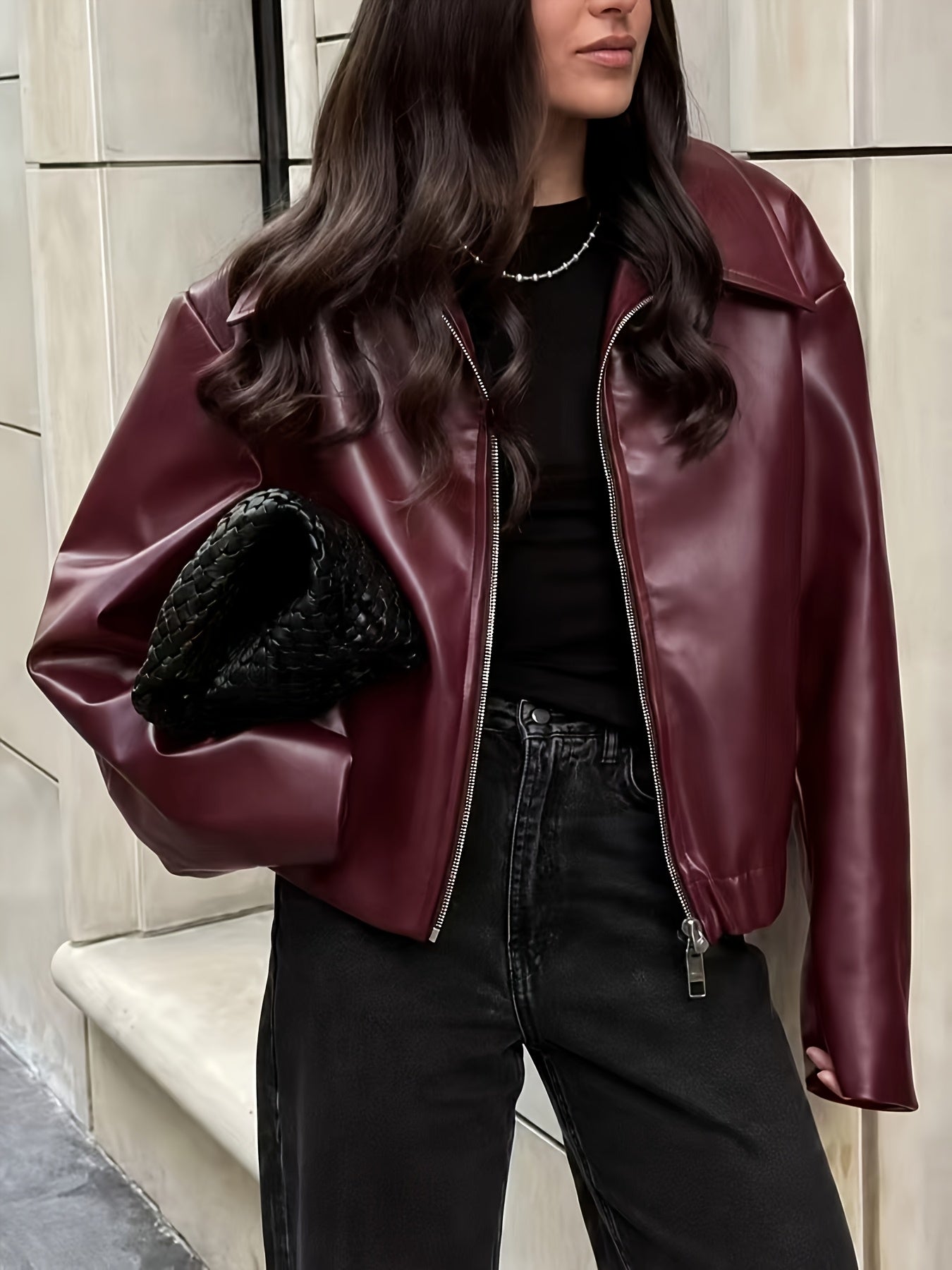 Women's Chic Faux Leather Jacket with Lapel Collar