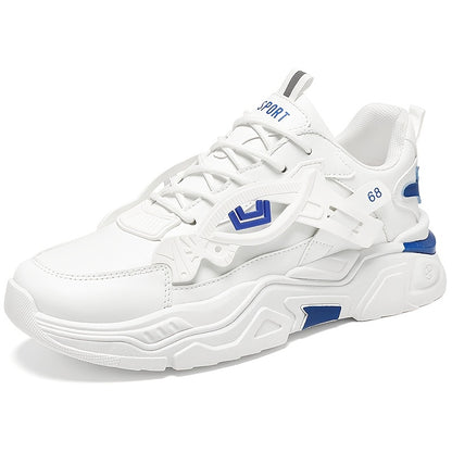 Men's White  Blue Geometric Accent Casual Sneakers - Low-Top Lace-Up Breathable PU Upper, Cushioned EVA Insole  Durable Rubber Sole for All-Season Casual Attire, Shoes Sneakers, Allseason Footwear, Sleek Shoe Design, Fabric