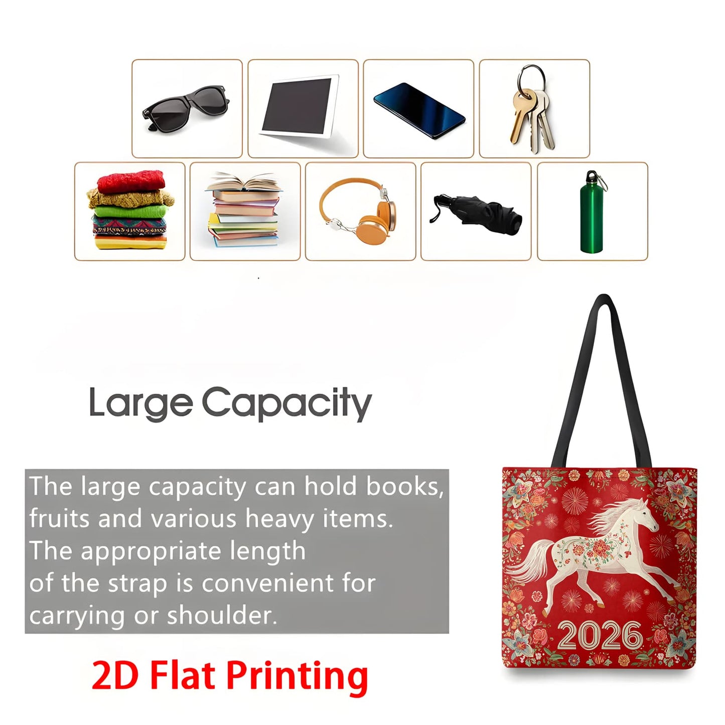 1pc Women's Year of the Horse 2026 Lunar New Year Tote Bag - Large Capacity Foldable Red & Golden Chinese Zodiac Horse Print, Durable Handbag for Shopping, Travel, Daily Use, Gift for 2026 Birth Year Celebration, 2D Flat