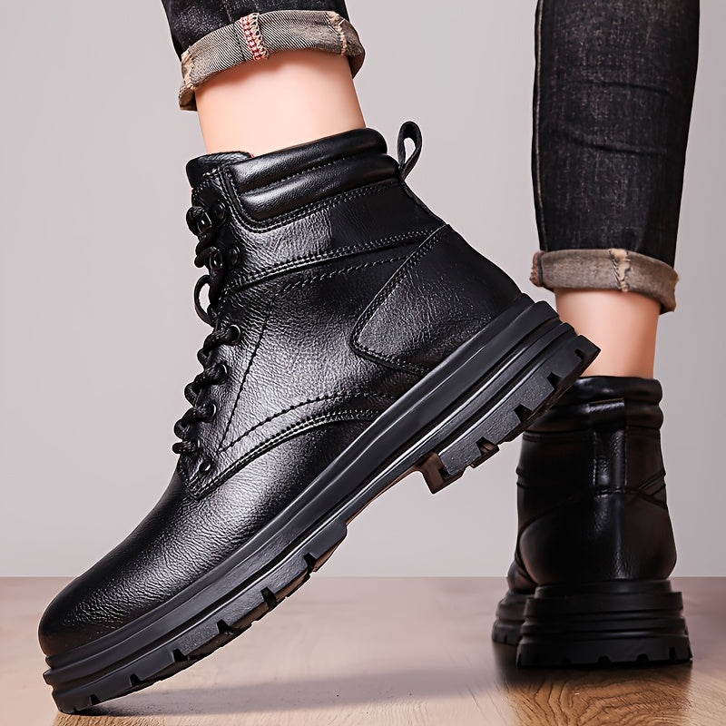 Men's All-Season Preppy Leather Ankle Boots with Rubber Sole