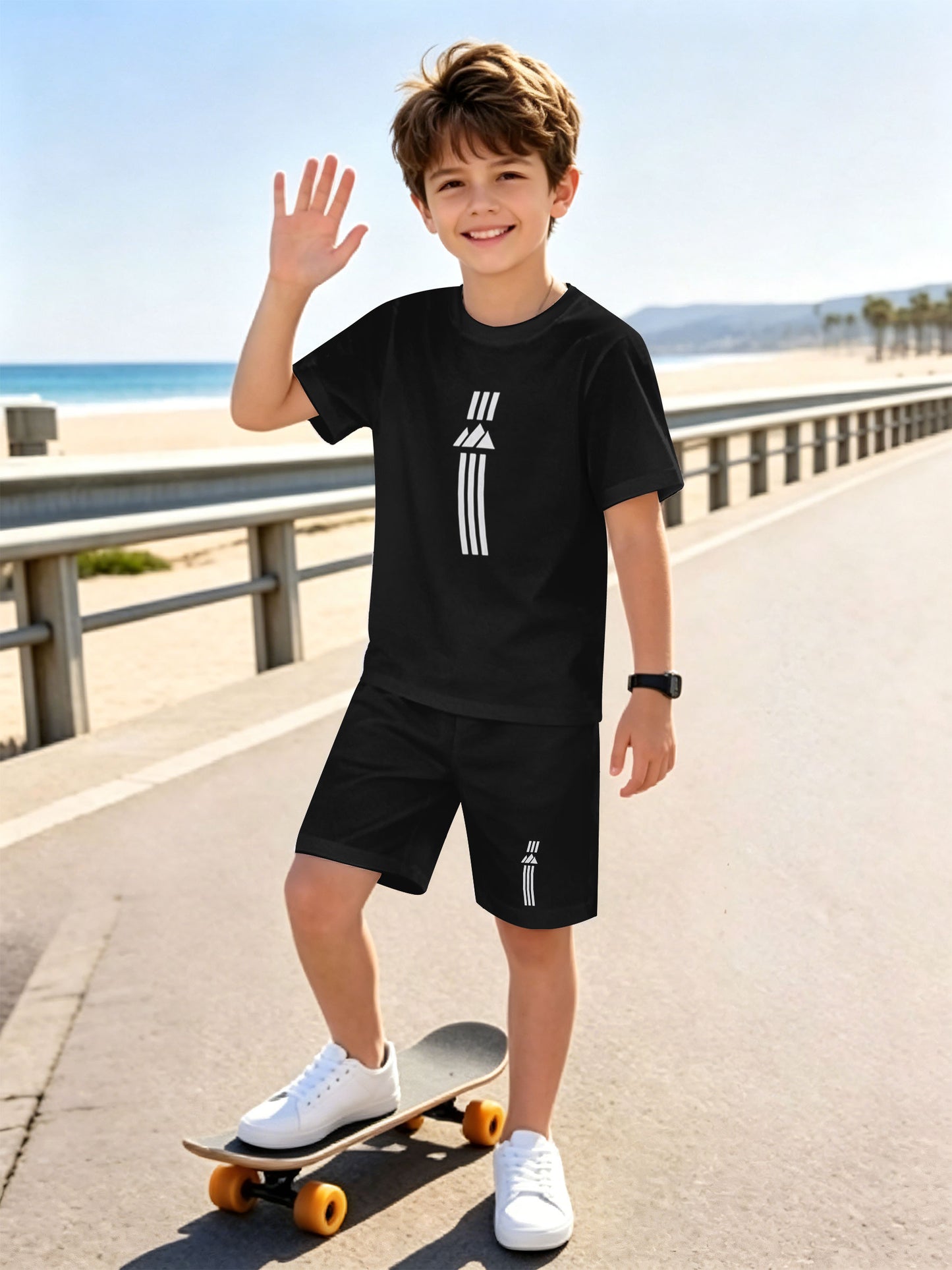 Boys' Casual Short Sleeve & Shorts Set with Geometric Print