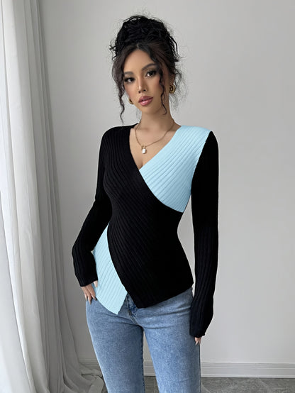 Women'S Elegant Color Block Long Sleeve T-Shirt - V-Neck, Slim Fit, & Pink, Comfortable & Stylish for Spring/Fall, Versatile Casual or Dressy Outfits, Versatile Fashion | Vneck Top | Construction, Ladies T Shirts