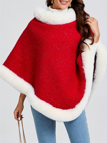 1pc Women's Elegant Red & White Faux-Fur Collar Winter Coat - Thickened Warm Jacket with Round Neck, Loose Fit Blazer for Christmas, New Year, Parties & Daily Wear - 100% Polyester (Hand Wash/Dry Clean) - Coat of Many Colors,