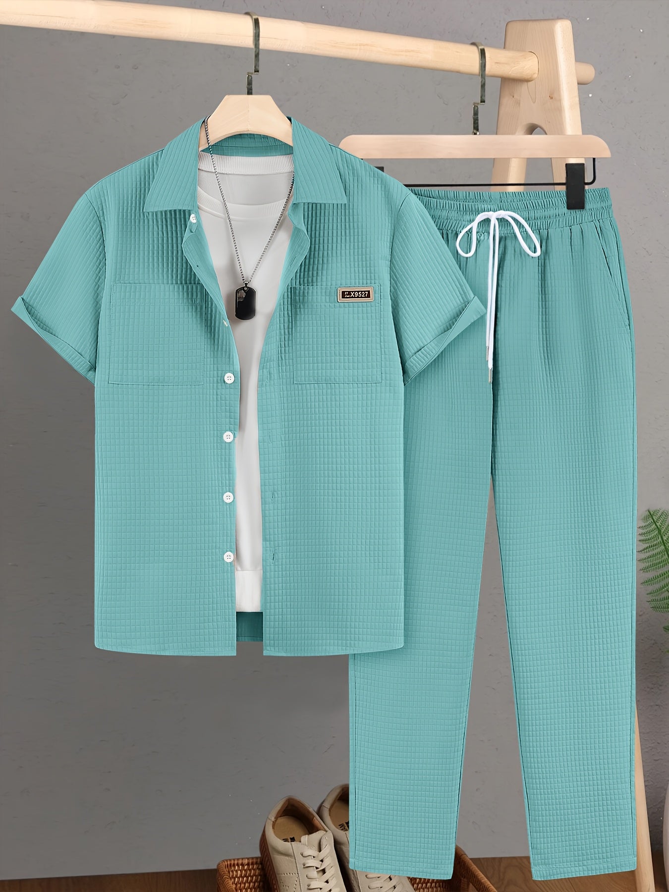Summer Men'S Casual Bread Pattern Texture Short Sleeve Long Pants Shirt Set, 100% Polyester, Double Pocket Shirt, Turnover Woven Top Can Be Machine Washed and Dry Cleaned