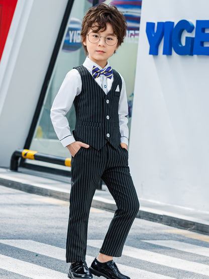 Boys Korean-Style Formal Outfit Set with Striped Vest & Bow Tie