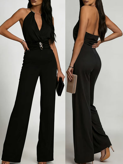 Women’s Chic Deep V-Neck Pleated Jumpsuit with Jewel Detail