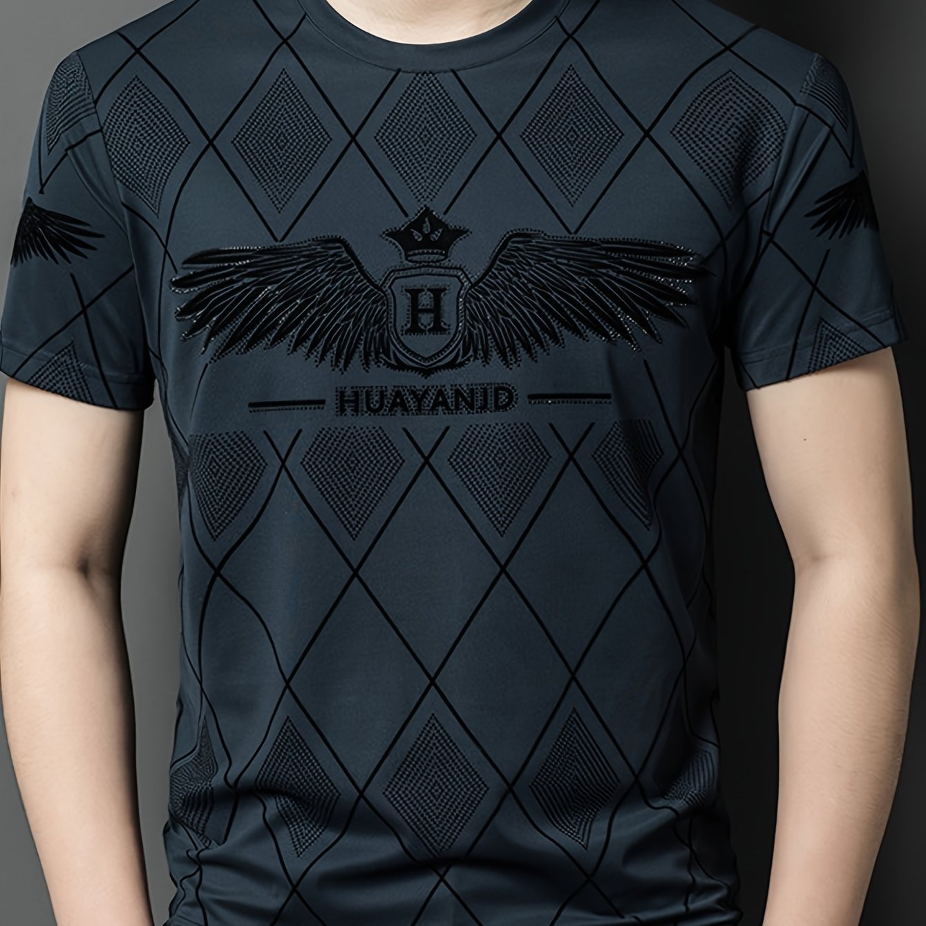 SINBOS Men's 2025 Summer Short Sleeve T-Shirt - Black Casual Graphic Print Tee with Wing  HUYAND Logo Design, Breathable Stretch Fabric, Round Neck Regular Fit for Casual Attire, Nontransparent Material, Relaxed Fit, Trendy