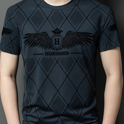 SINBOS Men's 2025 Summer Short Sleeve T-Shirt - Black Casual Graphic Print Tee with Wing  HUYAND Logo Design, Breathable Stretch Fabric, Round Neck Regular Fit for Casual Attire, Nontransparent Material, Relaxed Fit, Trendy