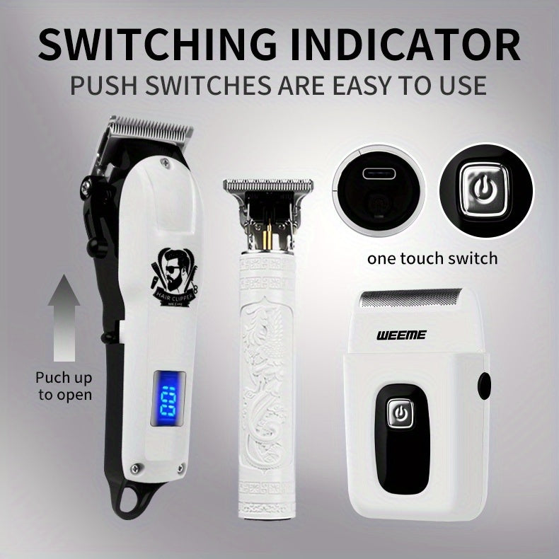 WEEME 3pcs/1Set Men'S Hair Clipper, USB Rechargeable Electric Hair Clipper & Shaver Set with Digital Display, Cordless Hair Trimmer for Home & Salon Use, Perfect Grooming Gift for Men with Smooth Blade, USB Charging, Lithium - ayq