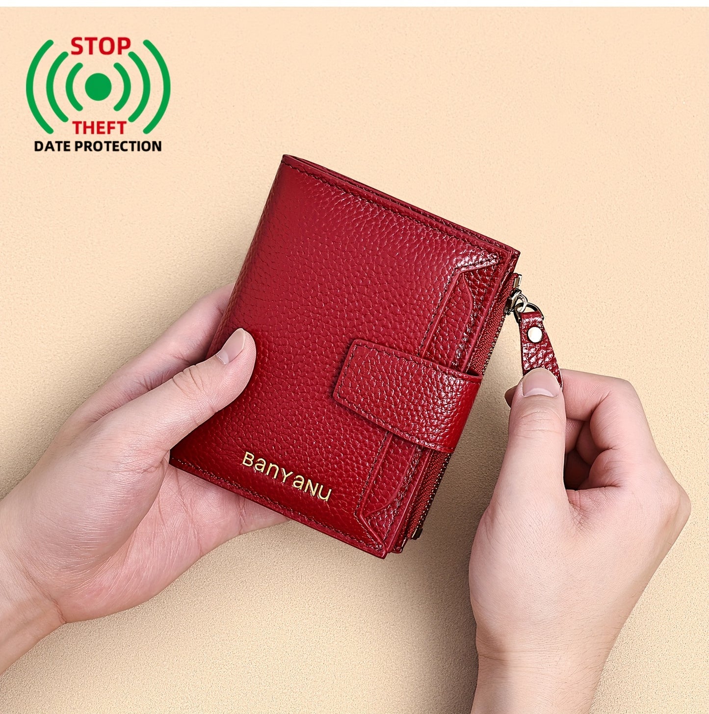 BANYANU Women'S Genuine Faux Leather Wallet - Red Lychee Grain Texture, Multi-Card Slots, Zippered Coin Pocket, Detachable ID Window, Compact Design for Everyday Use, Secure Coin Storage | Stylish Wallet | Synthetic