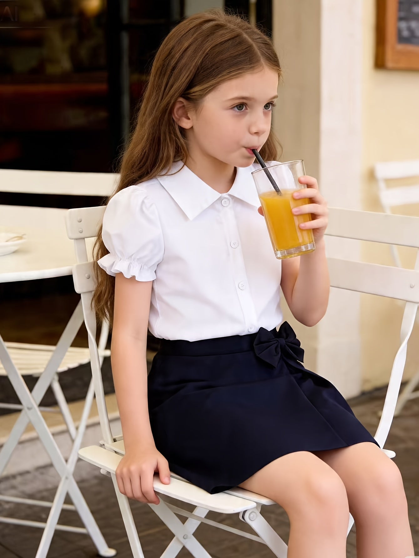 Girls' Preppy Summer Set with Bubble Sleeve Shirt & Skirt