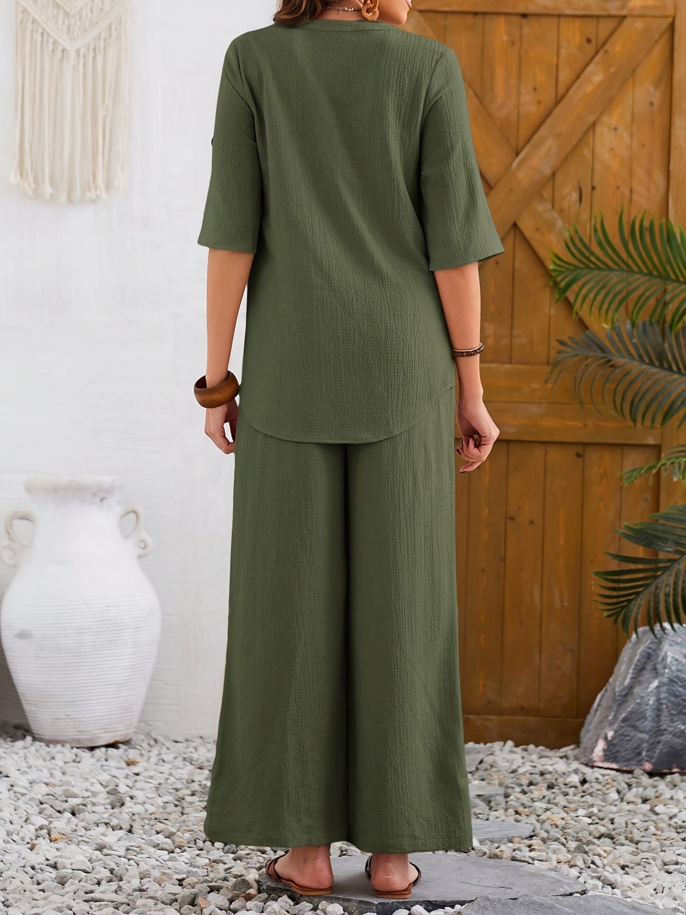 2pcs Women'S Olive Green Casual Short Sleeve Top & Wide-Leg Pants Set - Elegant Button-Up Blouse with Pockets, High-Waisted Jumpsuit for Spring/Summer/Fall, Versatile Outfit | Buttonup Blouse | Texture