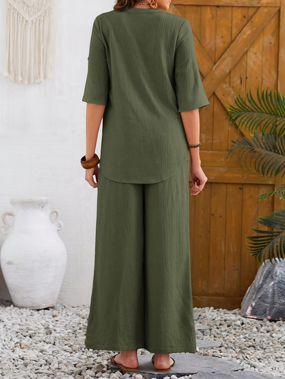 2pcs Women'S Olive Green Casual Short Sleeve Top & Wide-Leg Pants Set - Elegant Button-Up Blouse with Pockets, High-Waisted Jumpsuit for Spring/Summer/Fall, Versatile Outfit | Buttonup Blouse | Texture