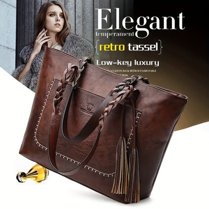 Elegant Large-Capacity Women’s PU Tote Bag with Tassel