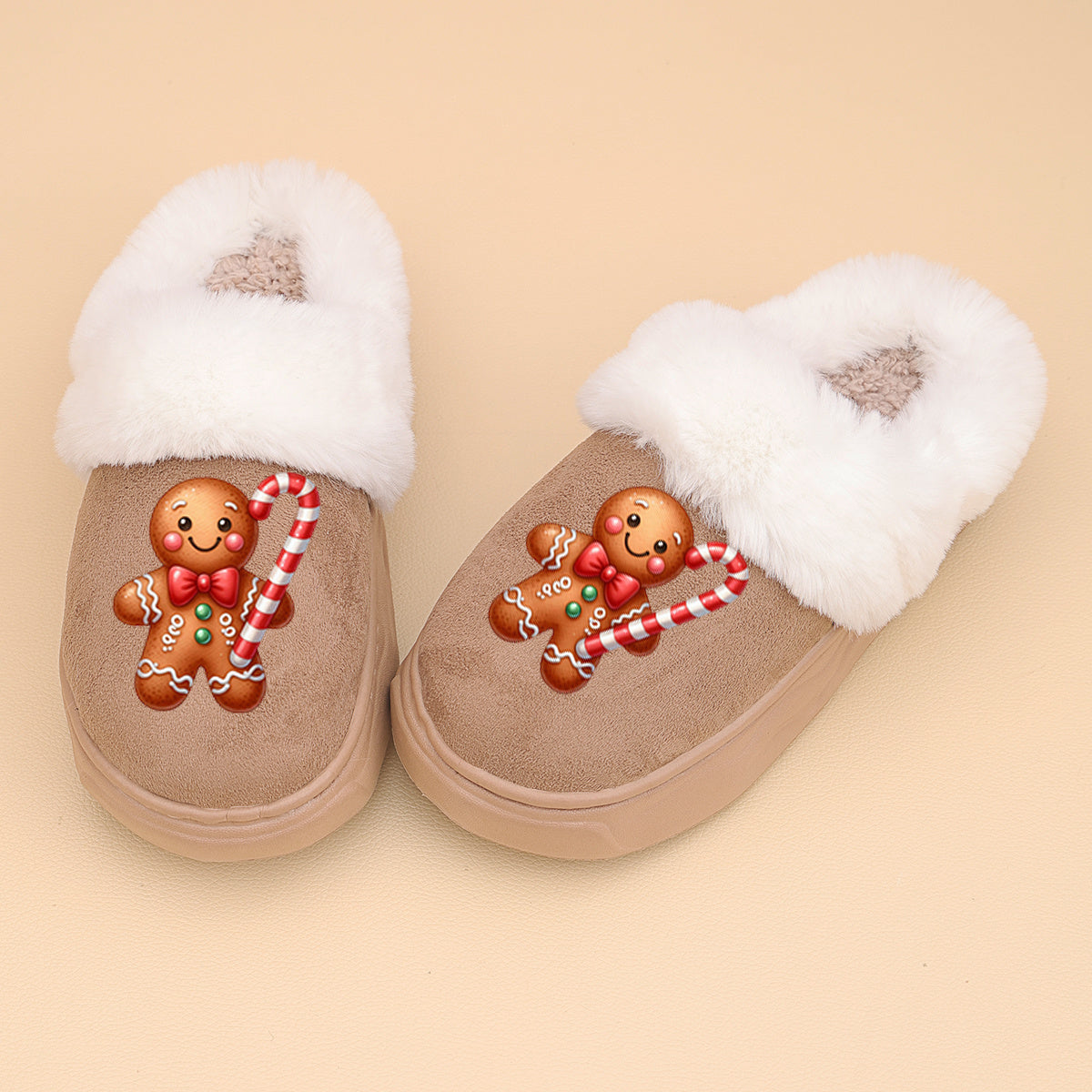 ' Winter Warm Plush Slippers with Gingerbread for Man & Candy Cane Strap - Soft Sole Low-Top Indoor/Outdoor House Shoes for &, Pink//Beige (Unisex Snowflake Booties), for Teenager