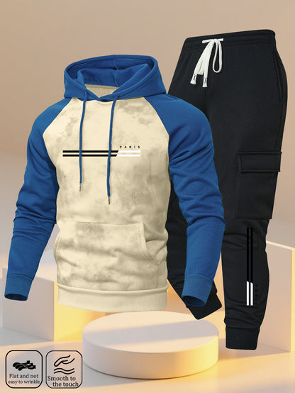 A New Trendy Color-Blocked Hoodie with Raglan Sleeves And Loose-Fitting Cargo Pants Featuring Multiple Pockets, Perfect for Casual Everyday Wear. This Breathable Hoodie And Loose Long Pants Set Comes in a Two-Piece Print Desi