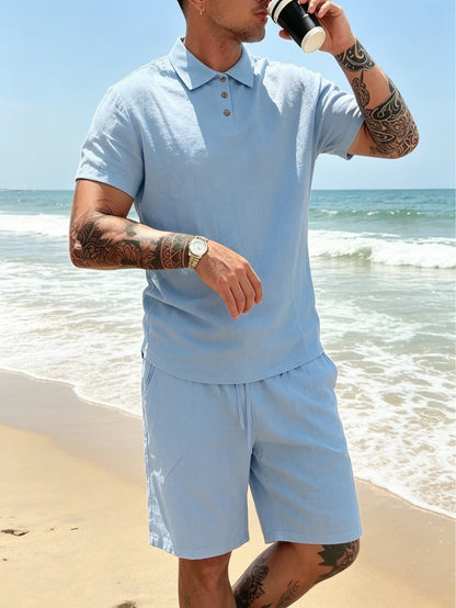Men's Breathable Linen Polo Shirt & Shorts Summer Set
