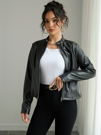 Women's Elegant PUPU Leather Jacket - Full-Zip Long Sleeve Motorcycle Coat with Stand Collar, -Tone Hardware & Smooth Leather Texture, Spring/Fall Outerwear for Casual & Formal Outfits (//Tan) - Non-Stretch Durable Leather, Z