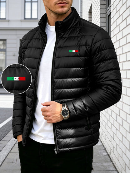Men's Stand Collar Padded Coat with Stripe Accent for Fall Winter