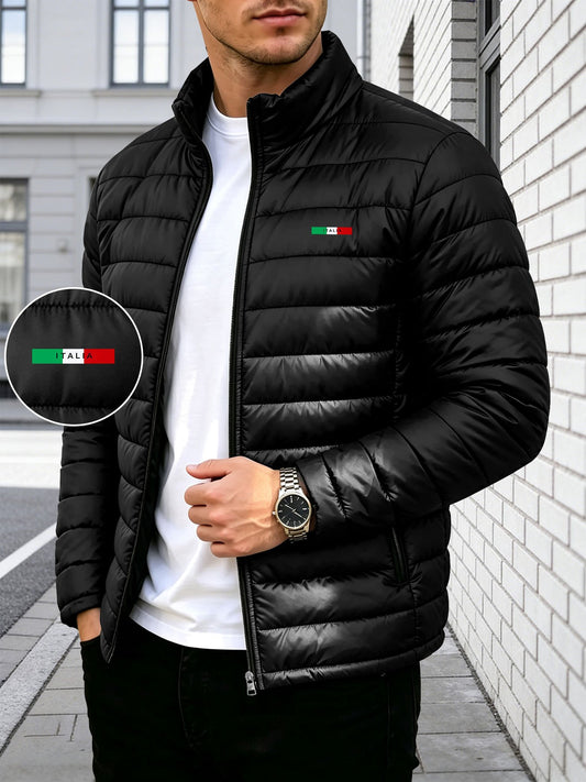 Men's Stand Collar Padded Coat with Stripe Accent for Fall Winter